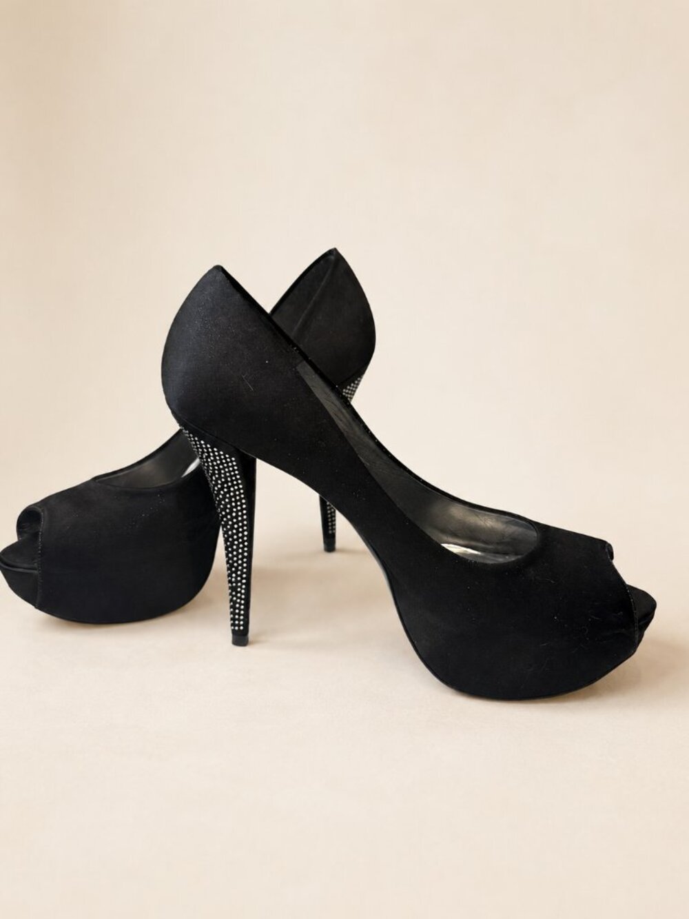 Stuart Weitzman Black Satin Peep Toe Platform Pumps Rhinestone Heels Size 12 M